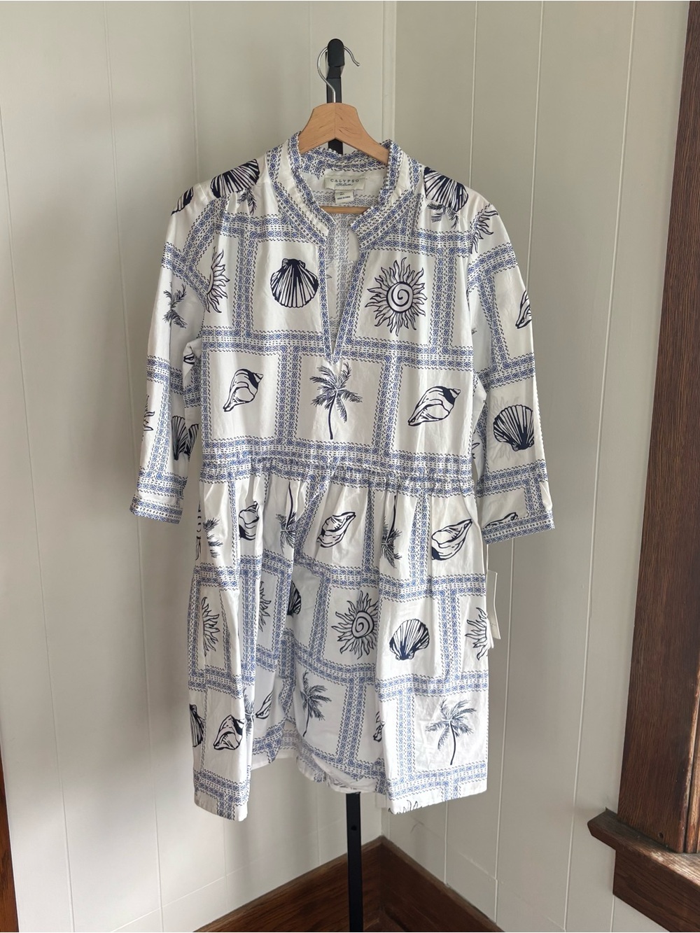 Calypso St. Barth Coastal Seashell Palm Tree Mini Dress Blue White Womens L NWT